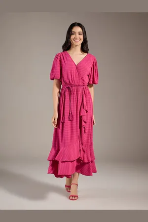 20Dresses Fuchsia V-Neck Puff Sleeves Maxi Dress