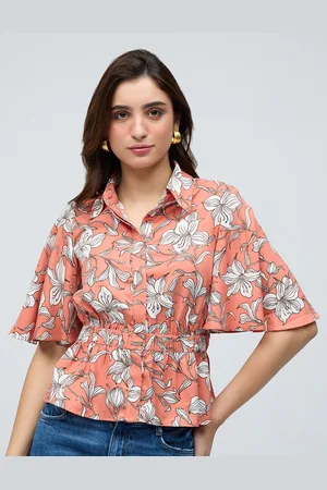 20Dresses Rust And White Floral Printed Spread Collar Bell Sleeves Peplum Shirt