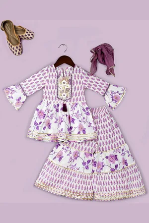 naughty ninos Girls Floral Printed Gotta Patti Pure Cotton Kurta with Sharara & Dupatta