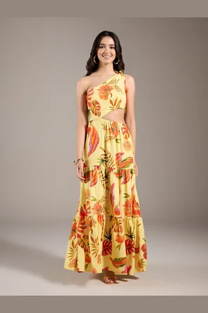 20Dresses Yellow & Orange Tropical Printed One Shoulder Flared Maxi Dress