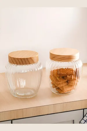 Nestasia " Brown & Transparent 2 Pcs Glass Storage Jars With Wooden Lid 2200ml"