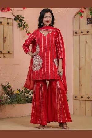 SCAKHI Notch Neck Striped Regular Gotta Patti Pure Cotton Straight Kurta Set