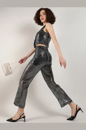 Campus Sequined Embellished V-Neck Sleeveless Party Crop Waistcoat With Trousers