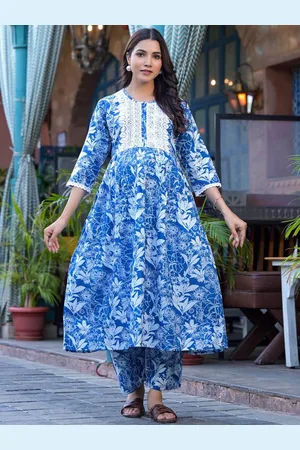 Aujjessa Floral Printed Round Neck Thread Work Pure Cotton Maternity Kurta with Trousers