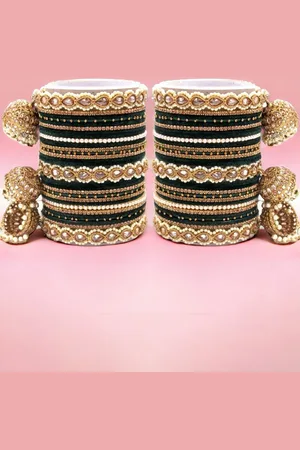 Leshya Set of 62 Brass-Plated Artificial Stone Studded Velvet Bangles