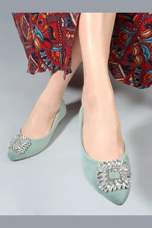 DressBerry Sea Green Embellished Pointed Toe Ballerinas