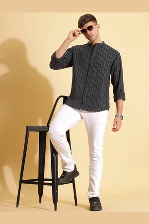 HERE&NOW Striped Mandarin Collar Long Sleeves Cotton Casual Shirt