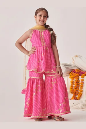 pspeaches Girls Leheriya Printed Angrakha Kurta with Sharara & With Dupatta