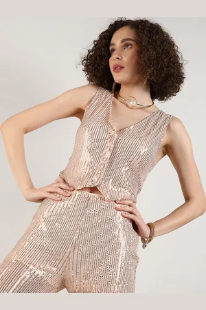 Campus Sequined Embellished V-Neck Sleeveless Party Crop Waistcoat With Trousers