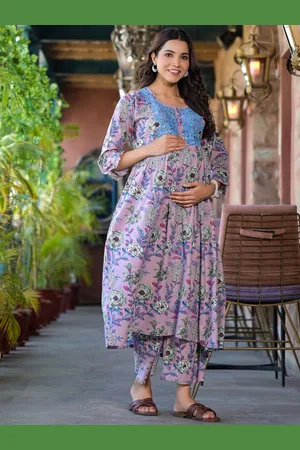 Aujjessa Floral Printed Pleated Pure Cotton Maternity Kurta with Trousers