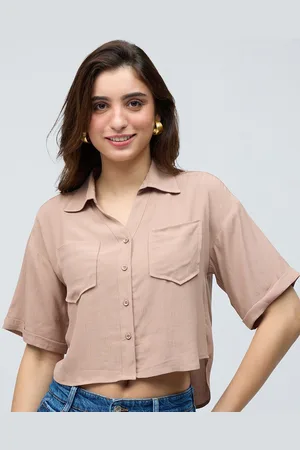 20Dresses Beige Spread Collar Half Sleeves Crop Shirt