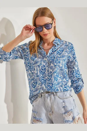 Bianco Lucci Floral Printed Spread Collar Long Roll Up Sleeves Casual Shirt