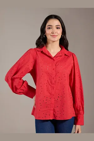 20Dresses Red Floral Embroidered Schiffli Casual Shirt
