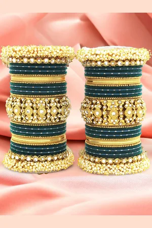 Leshya Set Of 66 Brass-Plated Stone-Studded & Beaded Bangles