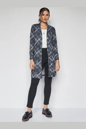 AND Checked Collarless Long Sleeves Longline Tailored Jacket
