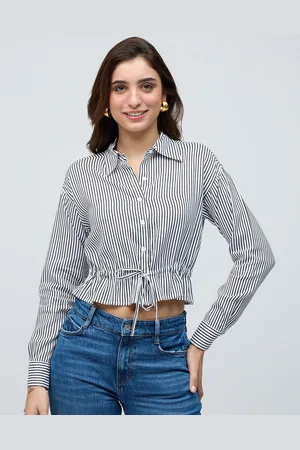 20Dresses Black And White Striped Spread Collar Full Sleeves Tie Up Shirt