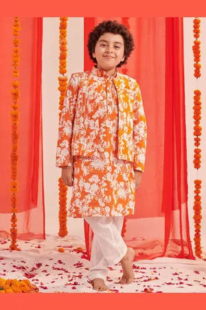 pspeaches Boys Floral Regular Kurta with Pyjamas And Jacket