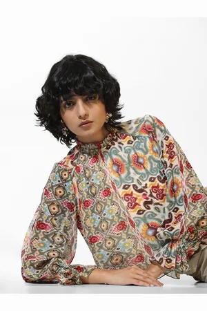 ONLY Ethnic Motifs Printed High Neck Cuffed Sleeves Regular Top
