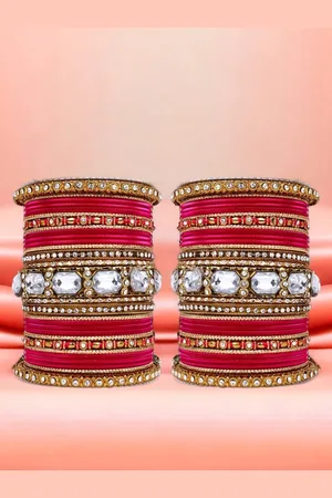 Leshya Set Of 62 Brass-Plated Stone-Studded & Beaded Bangles