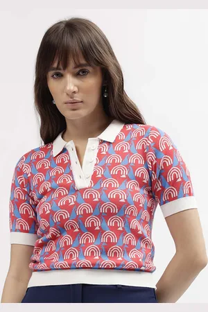 Elle Women Floral Printed Polo Collar Pockets T-shirt