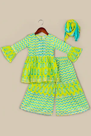 naughty ninos Girls Round Neck Empire Gotta Patti Pure Cotton Kurta with Sharara & Dupatta