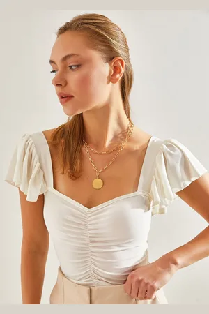 Bianco Lucci Sweetheart Neck Fitted Flutter Sleeves Fitted Top