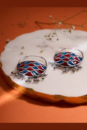 House of Pataudi 925 Sterling Silver Rhodium-Plated Enamelled Oval Hoop Earrings