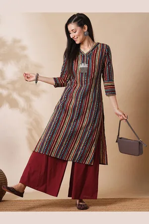 Globus Maroon Printed Regular Pure Cotton Straight Kurta with Palazzos