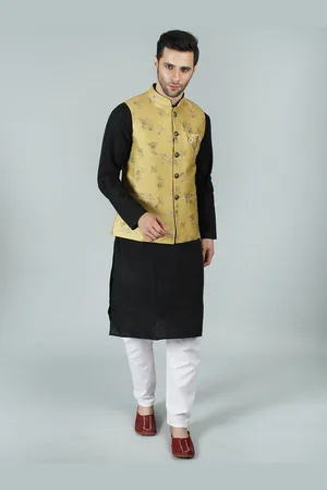 Exotic India Fall Leaf Brocaded Modi Jacket Waist Coat with Golden Floral Motif