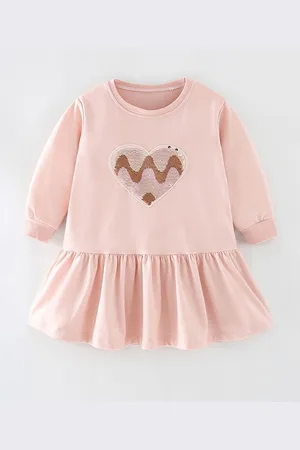 Stylecast Girls Peach Round Neck Long Sleeves Cotton Drop-Waist Dress