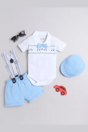 BUMZEE Infant Boys Printed Pure Cotton Leotard & Shorts With Bow Suspender & Cap