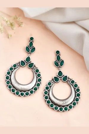 Dastoor Silver-Plated Stone-Studded & Beaded Oxidised Contemporary Drop Earrings