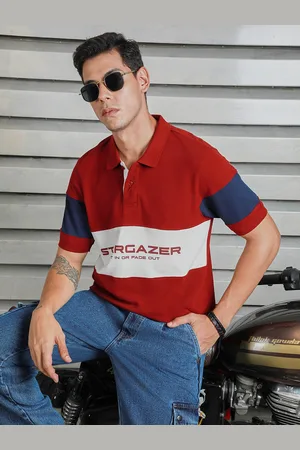 High Star Men Polo Collar Typographic color blocked cotton T-shirt