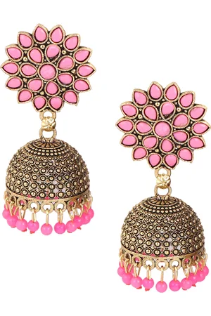 Keviv Gold-Plated Kundan Studded & Beaded Dome Shaped Jhumkas