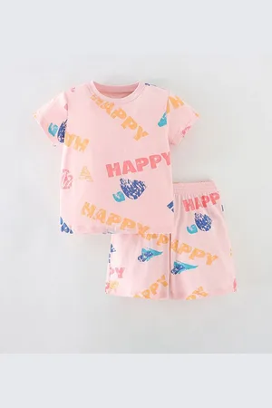 Stylecast Girls Pink & Yellow Round Neck Short Sleeves Printed Top with Shorts