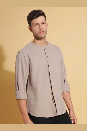 HERE&NOW Brown Band Collar Long Sleeves Casual Shirt