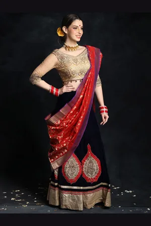 Exotic India Vintage Bridal Lehenga with Choli and Zardozi-Bead work with Banarasi Dupatta