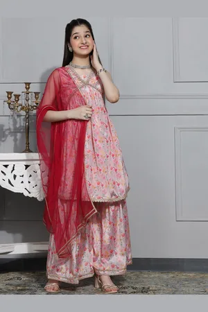 Cherry & Jerry Girls Ethnic Motifs Printed Empire Gotta Patti Kurta with Sharara
