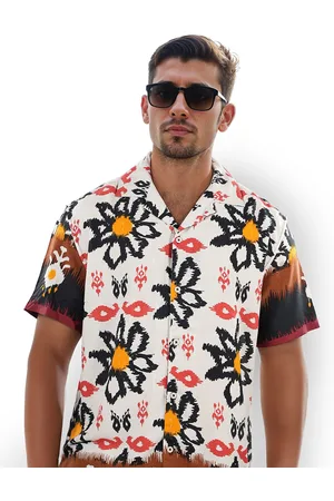 Celio Classic Floral Printed Spread Collar Short Sleeves Curved Casual Shirt