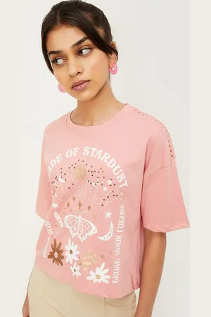 Max Collection Girls Typography Printed Drop-Shoulder Sleeves Cotton T-shirt
