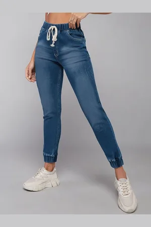 DOLCE CRUDO Women Relaxed Fit Mid Rise Regular Length Scraped Denim Stretchable Joggers