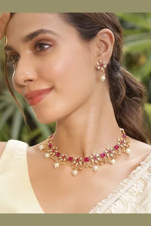 Rubans Women 22KT Gold Plated Brass Metal Ruby Studded White Beaded Floral Necklace Set