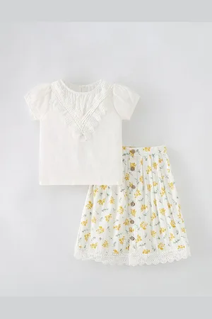 Stylecast Girls White & Yellow Round Neck Top with Skirt