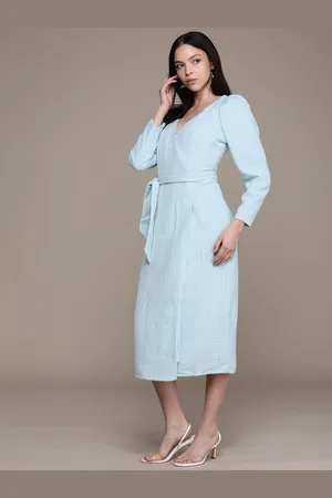 French Connection Embellished V-Neck Puff Sleeve Wrap Midi Party Dress