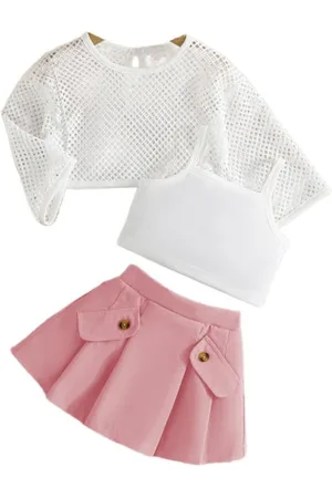Stylecast Girls Pink & White Shoulder Straps Top with Skirt & T-shirt