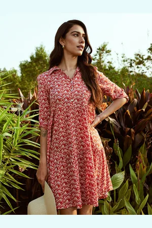 Bombay High Women Floral Print Shirt Collar Tiered Short Dress