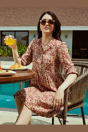 Bombay High Women Floral Print Shirt Collar Tiered Short Dress