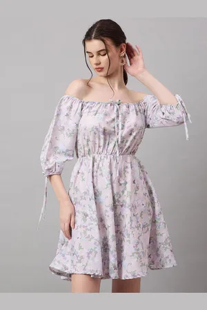Roadster The Lifestyle Co. Off Shoulder Puff Sleeves Printed Fit & Flare Mini Dress