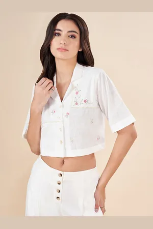 Pantaloons Embroidered Floral Printed Cotton Shirt Style Crop Top