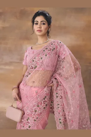 kasee Floral Embroidered Net Saree With Blouse Piece